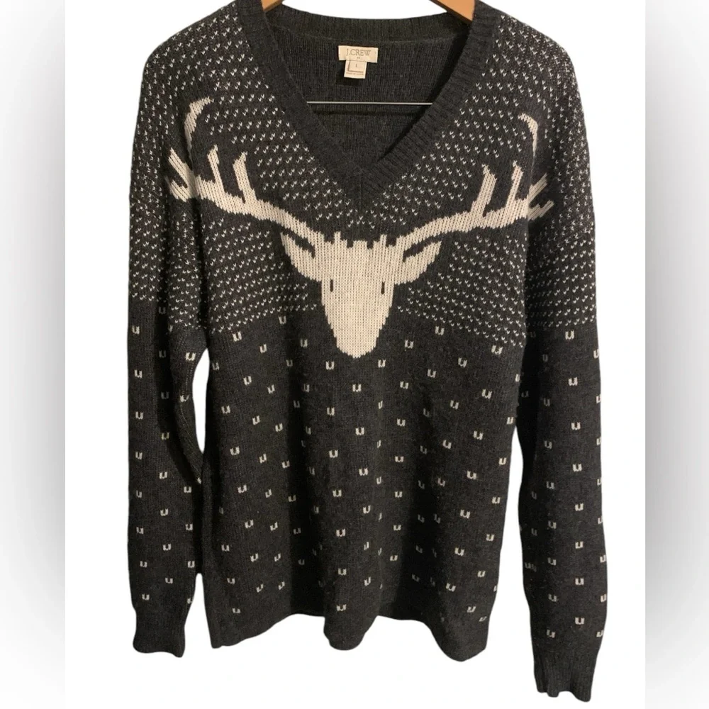 J. Crew Gray and Cream Deer Intarsia V-Neck Sweater